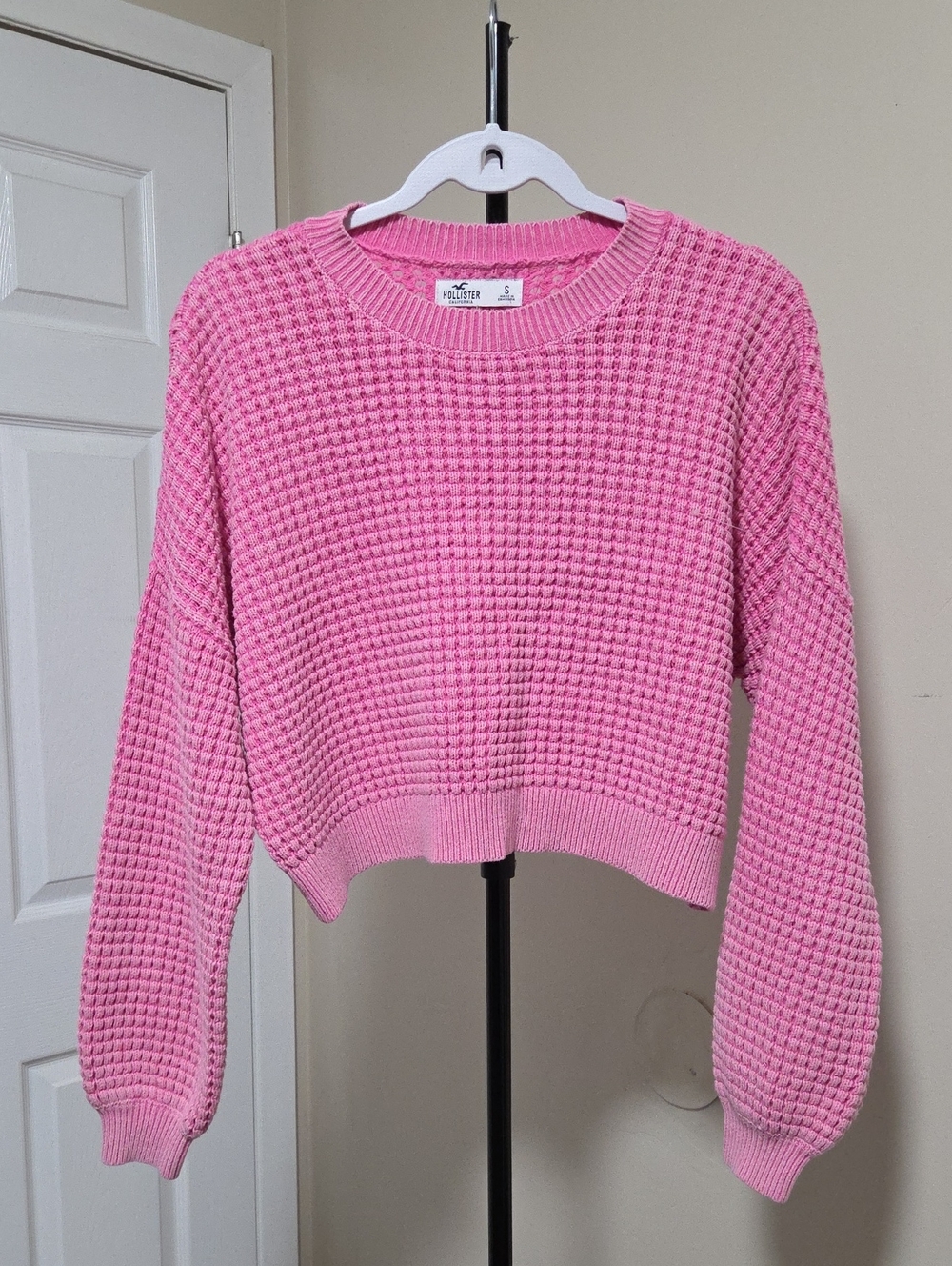 Hollister Cotton Blend Pink Waffle-Knit Crewneck Sweater